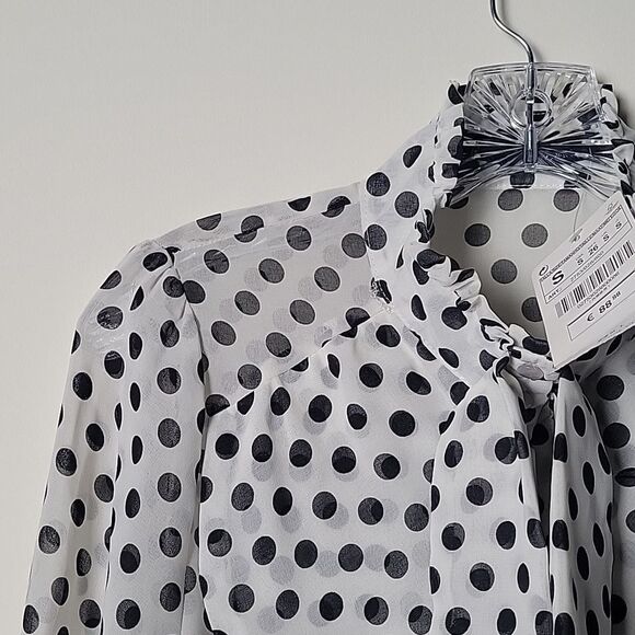 NWT XS S Ruffle Dot Black Victorian Long Sleeve Blouse Bow High Neck Tie Blouse - Picture 3 of 12